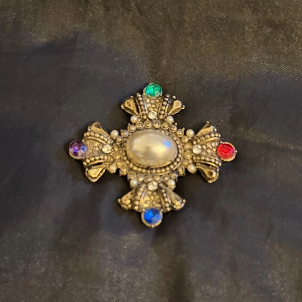 Pearl Cross Brooch with Multicolor Rhinestones, Baroque Statement Pin - Picture 3 of 5